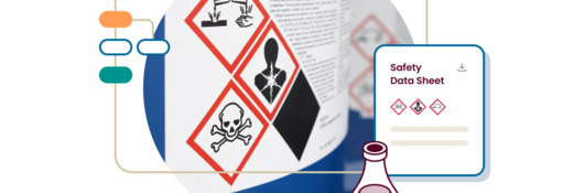 Illustration of an SDS and flask next to a closeup of safety information on the bottle of the chemical